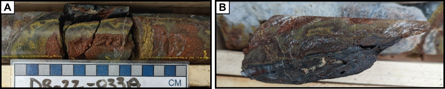 A) The first Thunderbird drill hole on the Davidson River project, DR-22-033A, showing strong structurally controlled hematite-limonite alteration (redox fronts); 163.5m. B) Strong “worm-rock” textured hematite-limonite alteration overprinting graphitic shear planes; DR-22-033A; 163.6m.