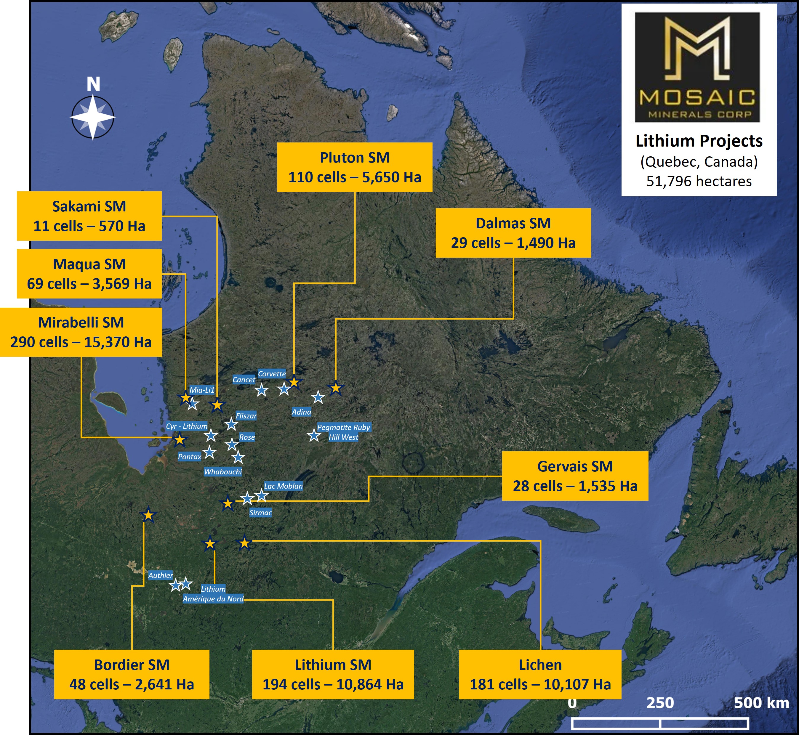 Carte des projets lithium Mosaic