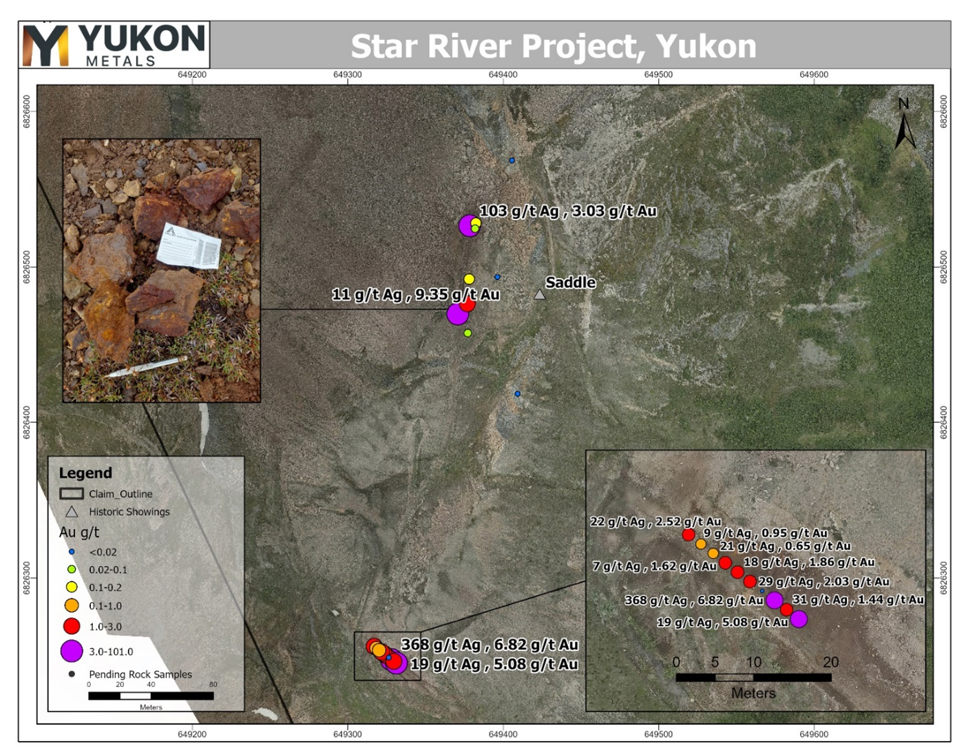 Samples taken near historic Saddle showing, Au g/t.