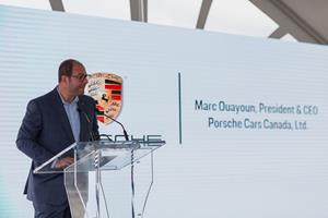 Marc Ouayoun, President and CEO, Porsche Cars Canada, Ltd., addresses guests at the ground breaking of the Porsche Experience Centre Toronto