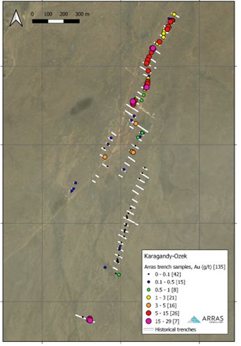 Location of the Soviet-era trenches re-sampled by Arras at the Karagandy-Ozek project, Elemes license, showing gold assays (g/t) for the grab samples.