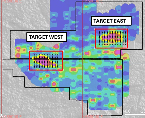 Copeçal Project showing the location of the Priority East and West Targets with planned Auger Drilling Grid (black dots) and VLF Drone Magnetics (Red flight plan polygons)