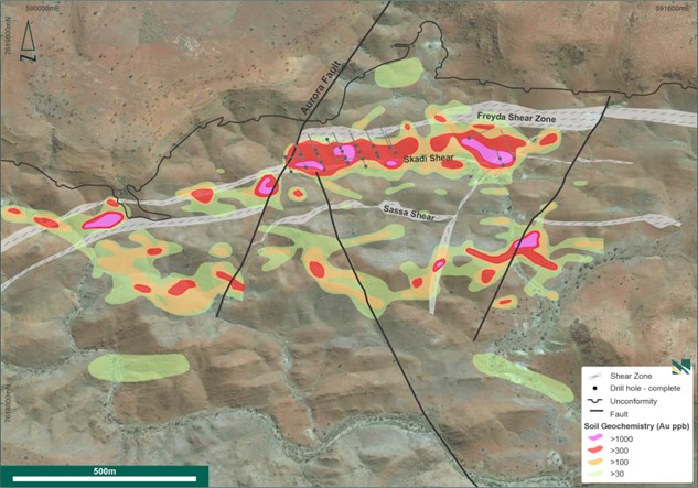 The broader Nunyerry North Project area highlighting contoured gold results from soil sampling at Nunyerry North and completed RC drill holes