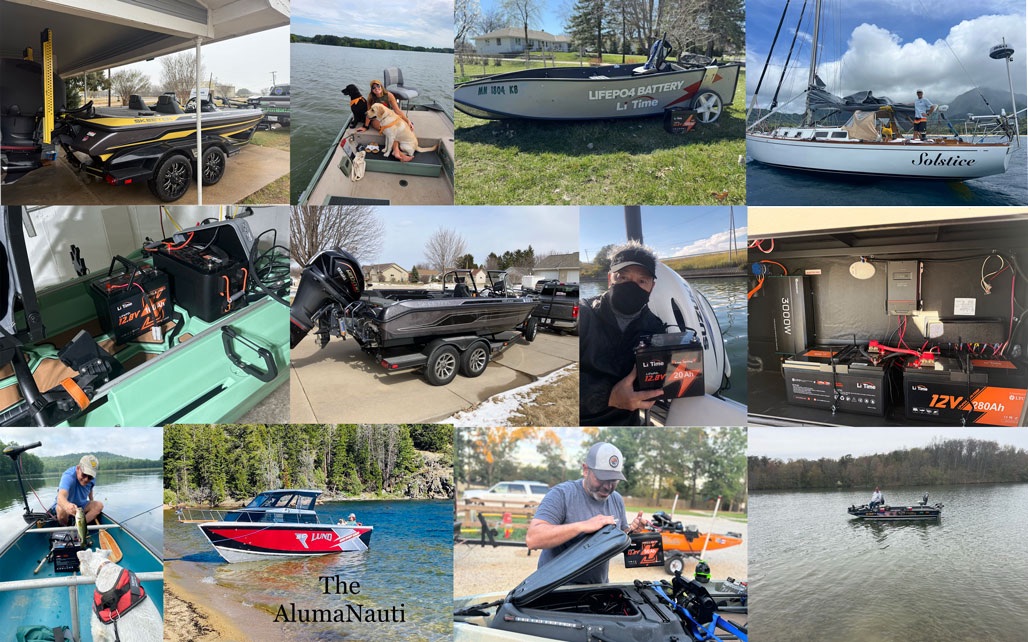 Collage of boaters using LiTime LiFePO4 batteries in kayaks, fishing boats and sailboats.