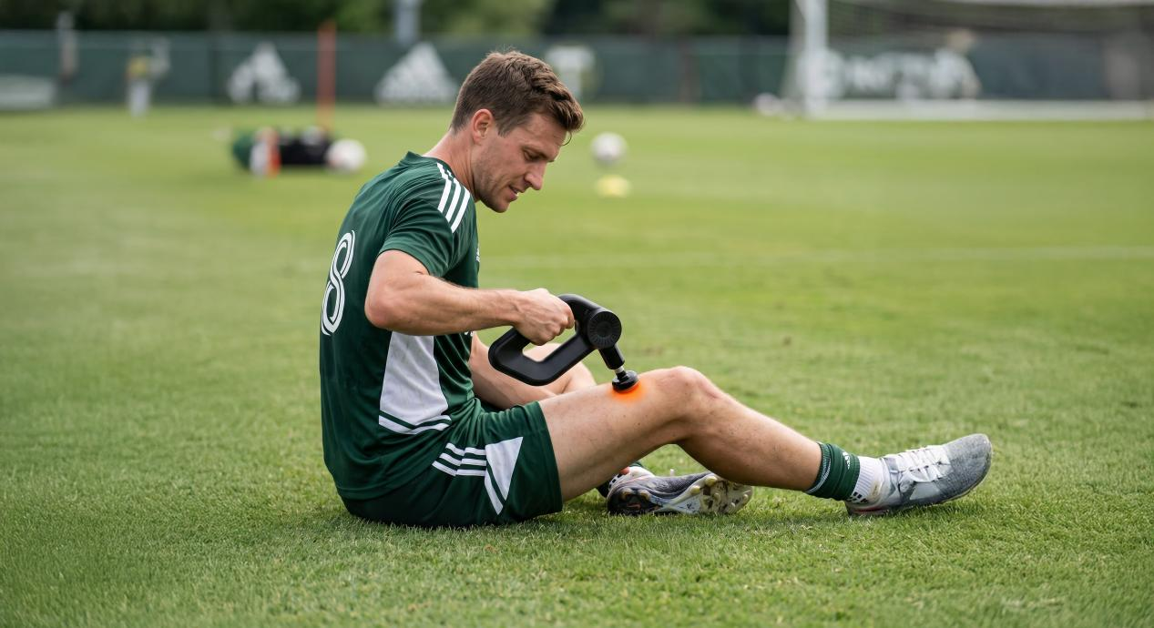 Soccer player using the Bob and Brad D6 Pro Plus massage gun for muscle recovery on a soccer field during World Cup 2026.