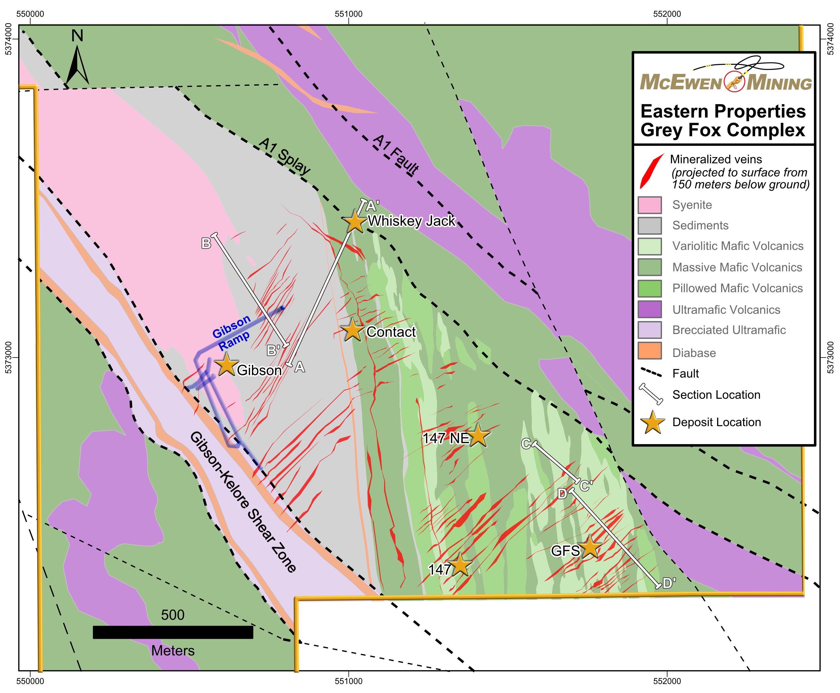 Figure 3.  Plan View Map of Grey Fox Showing the Location of Cross Sections A-A ', B-B ', C-C ' and D-D ' 