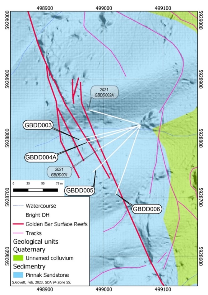 Figure 1Golden Bar Prospect drilled holes over LiDAR plan with traced tracks and surface expressions of controlling reef structures