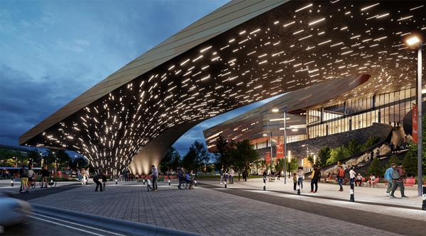 A rendering shows the BMO Centre expansion pavillion illuminated by a dynamic light display