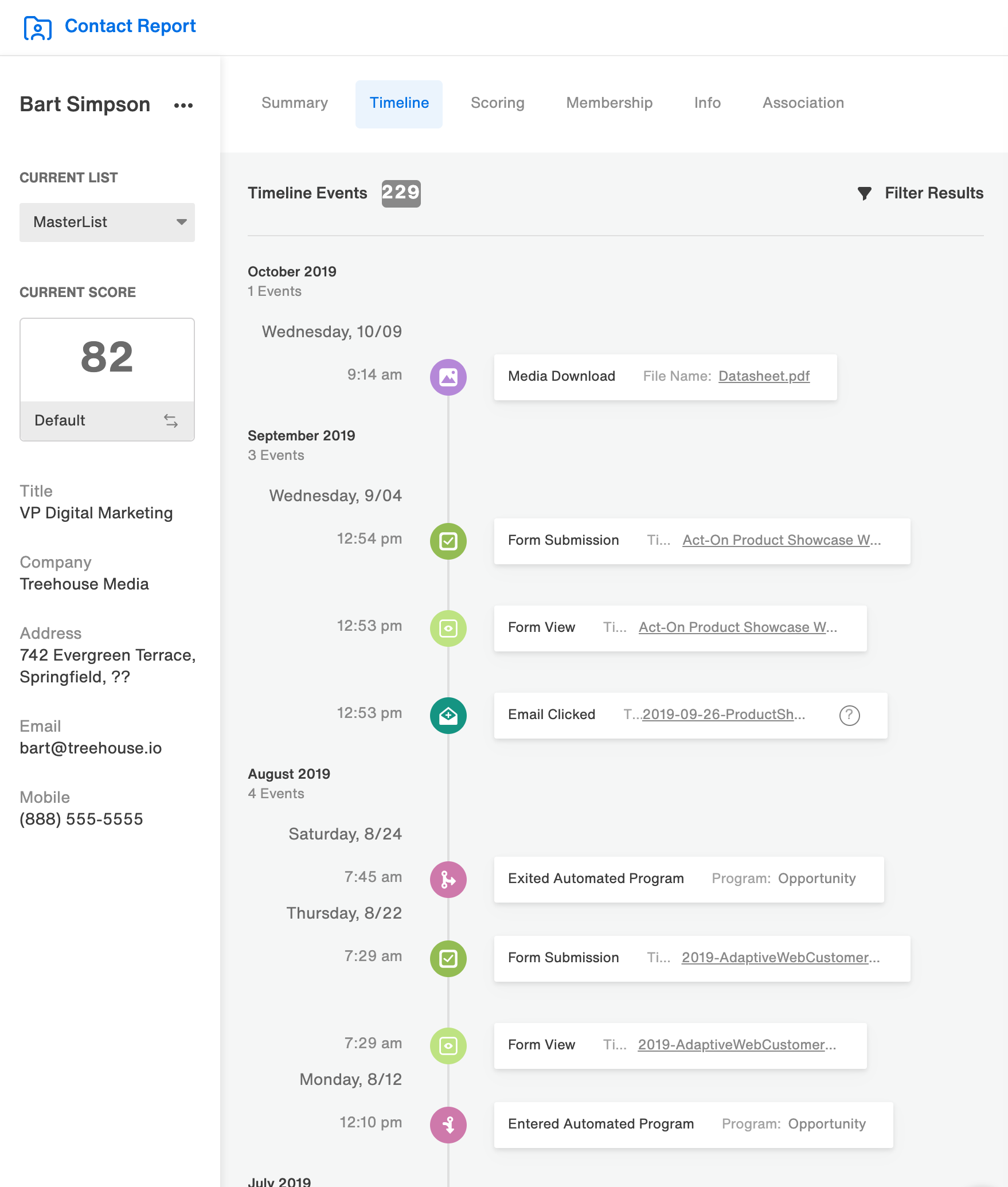 Screenshot of contact report with a reimagined UX that unifies and simplifies finding and visualizing contact engagement data. (Timeline)