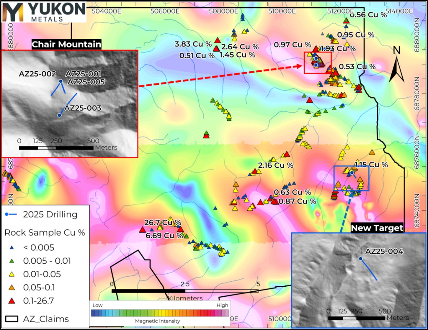 AZ property map showing rock-chip samples with tilt derivative of the reduced-to-pole magnetic field shaded colour contour map (Open File 2020-35). 