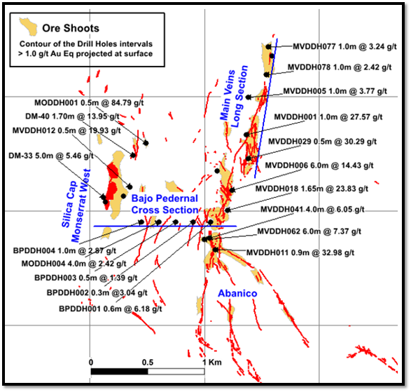 Map showing drill holes location and intercepts at the Northern Monserrat sector