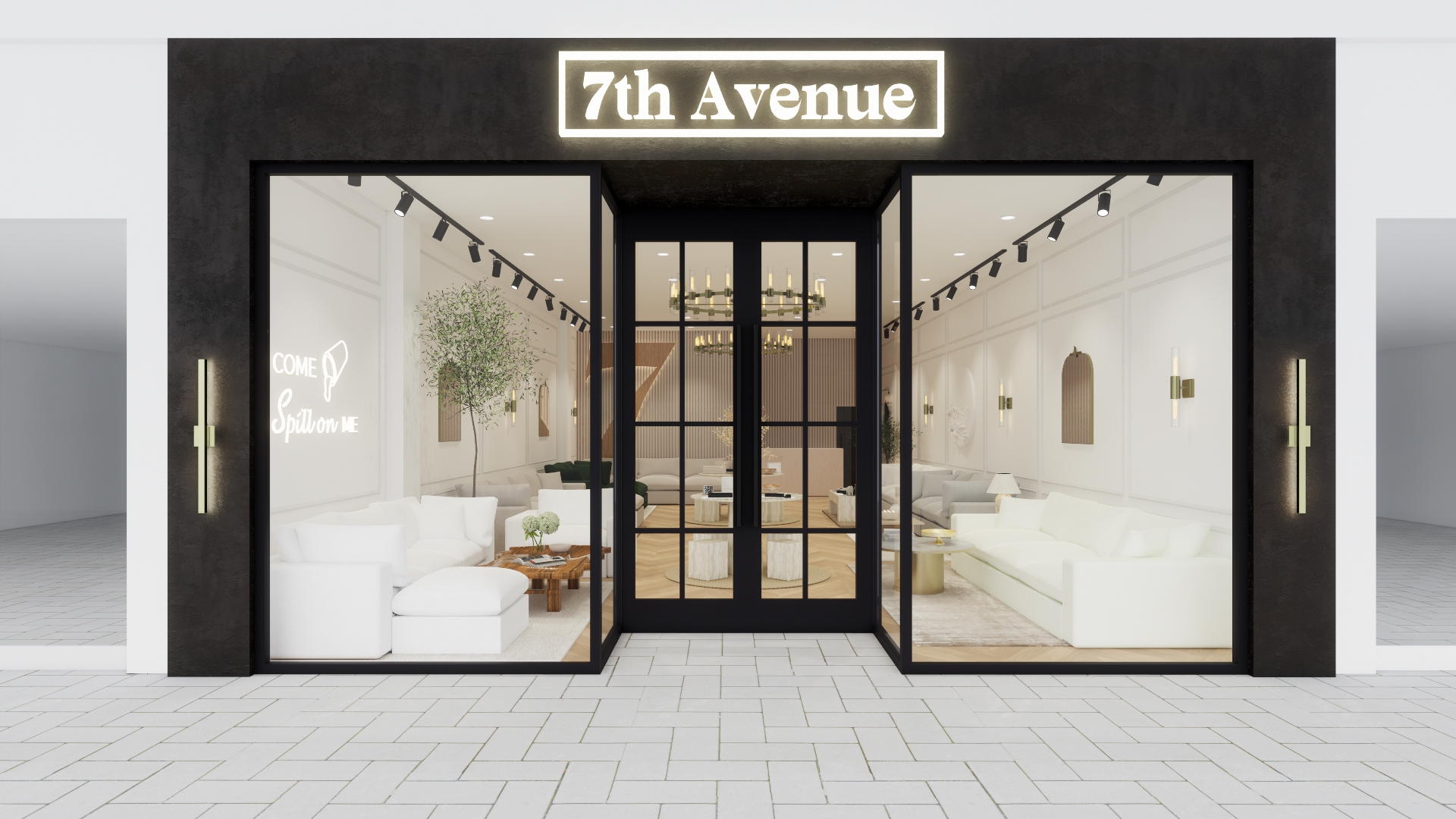Exterior of the 7th Avenue showroom at Tysons Corner Center featuring black-framed windows and an illuminated 7th Avenue sign.