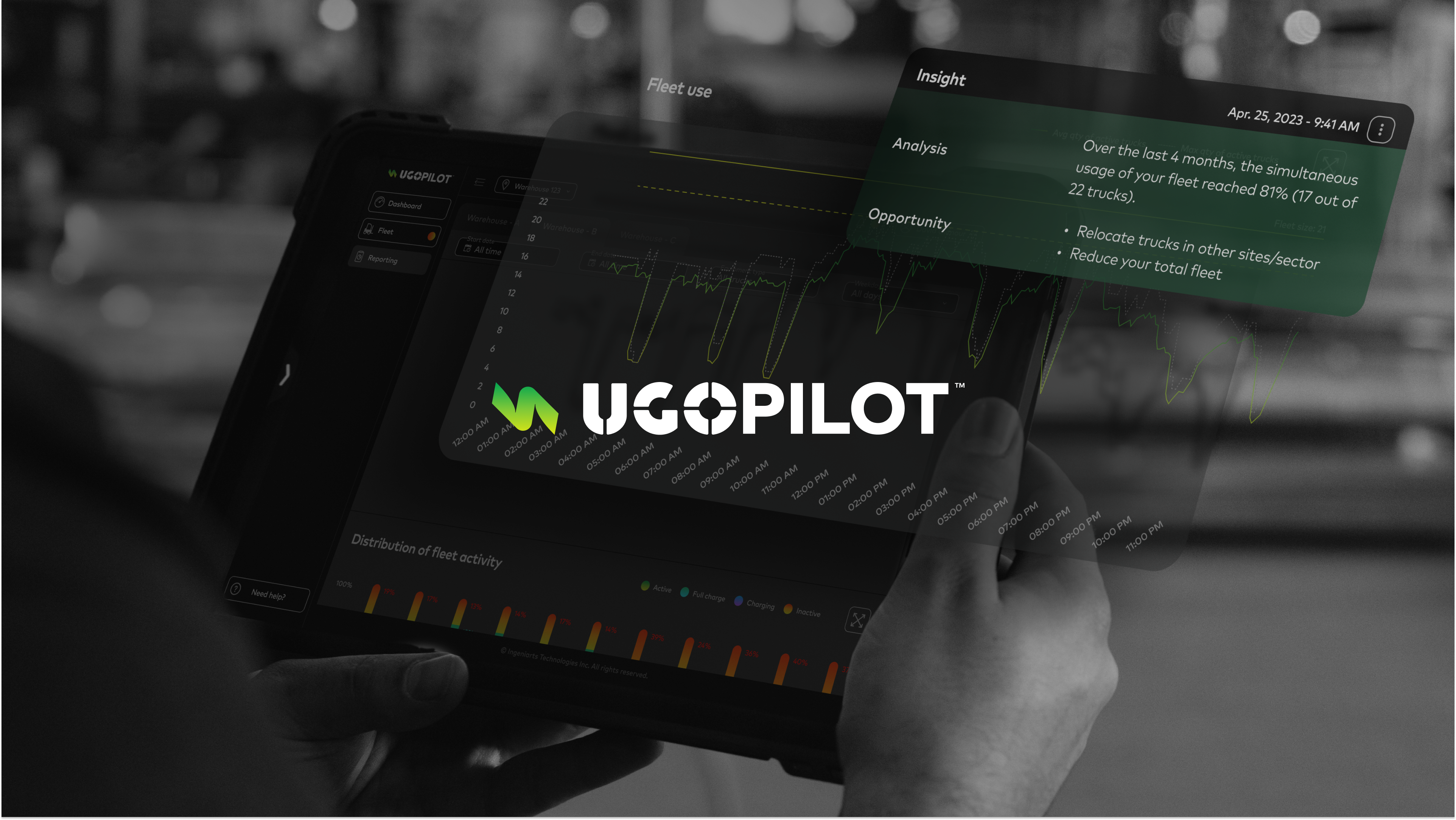 Close up of fleet data reporting interface on a tablet in a warehouse in the hands of an operation's manager 