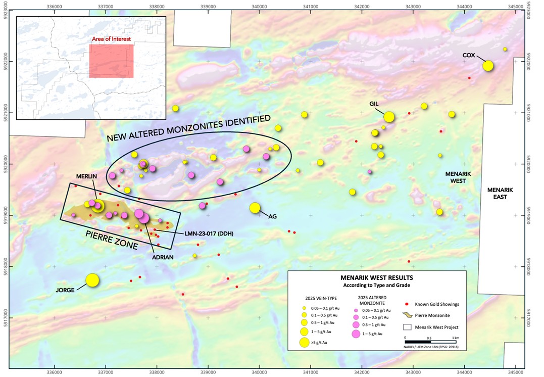 . Mineralization types and grades, with total magnetic intensity in the background at Menarik West.