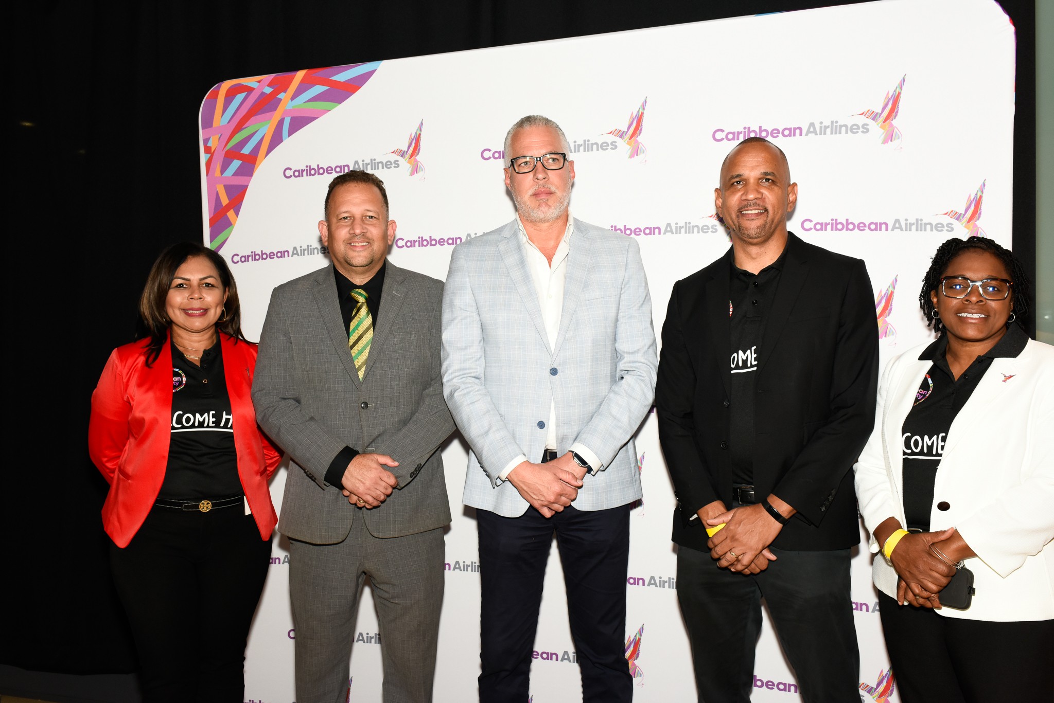 Caribbean Airlines' CEO and Senior Management met with members of the Jamaican Diaspora in Fort Lauderdale. CEO Garvin Medera (second from right) is pictured with Jamaica Consulate General for Miami - His Excellency Oliver Mair (second from left), Jamaica Tourist Board Deputy Director of Tourism for the Americas - Philip Rose (centre), Executive Manager Marketing & Loyalty - Alicia Cabrera (far left) and Executive Manager Corporate Communications - Dionne Ligoure (far right).