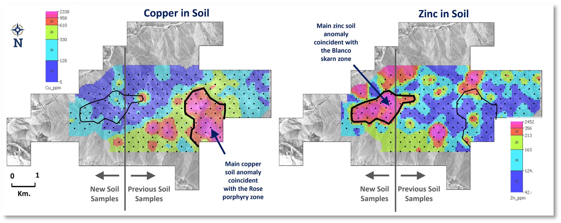 Gridded soil / talus sample results from the Auquis project highlighting copper anomalies surrounding the Rose porphyry zone and zinc anomalies surrounding the Blanco skarn zone.  The gridded image combines new samples and samples previously collected, all of which have been analyzed using portable XRF to generate a single gridded image.