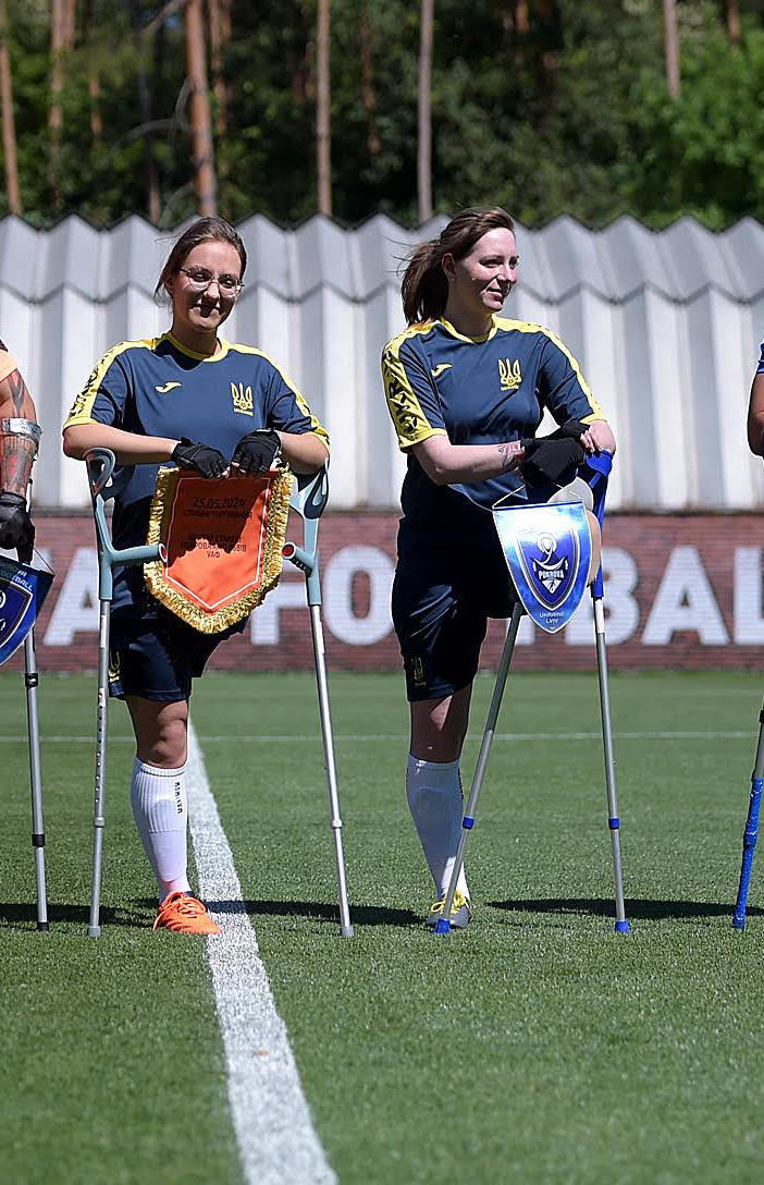 Captain Olya Benda and teammate Tanya Matyshema preparing for the inaugural Women's Amputee Football WAFF Women’s World Cup