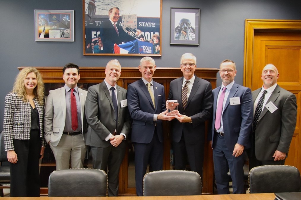 Senator Jerry Moran (R-KS) was presented the 2023 Sentinel Award in the Dirksen Senate Office Building by WPRC Executive Director David Costello, Board Member Markin Dornan, and Representatives from Kansas-based Leading Technology Composites