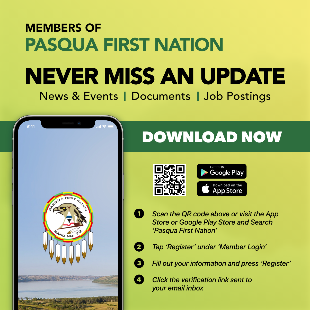 The Pasqua First Nation app displayed on an iphone with scannable QR code to download.