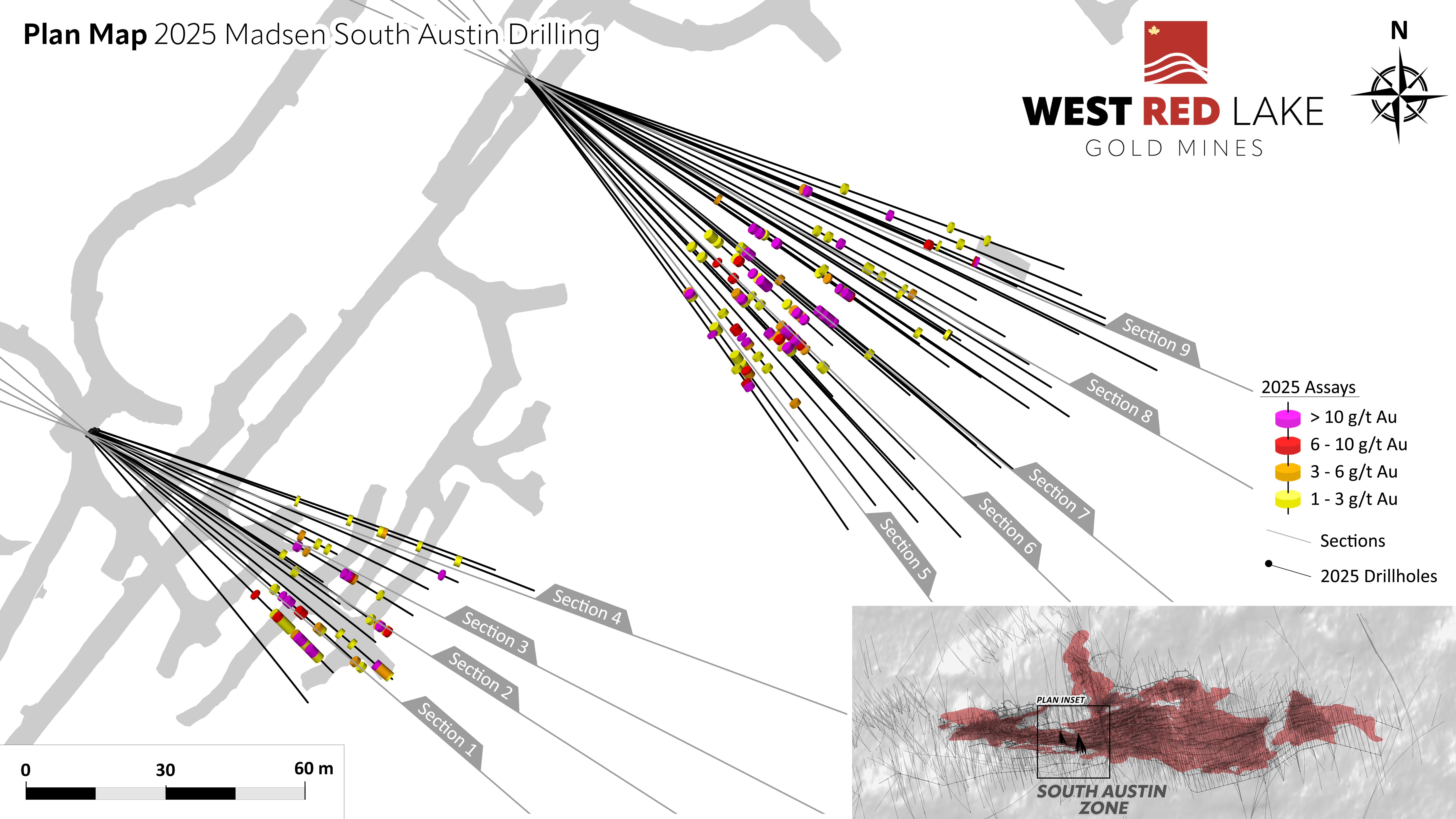 FIGURE 7. South Austin plan view drill section showing assay highlights for Holes MM25D-11-4420-001 through -033 and MM25D-09-4300-001 through -014. image