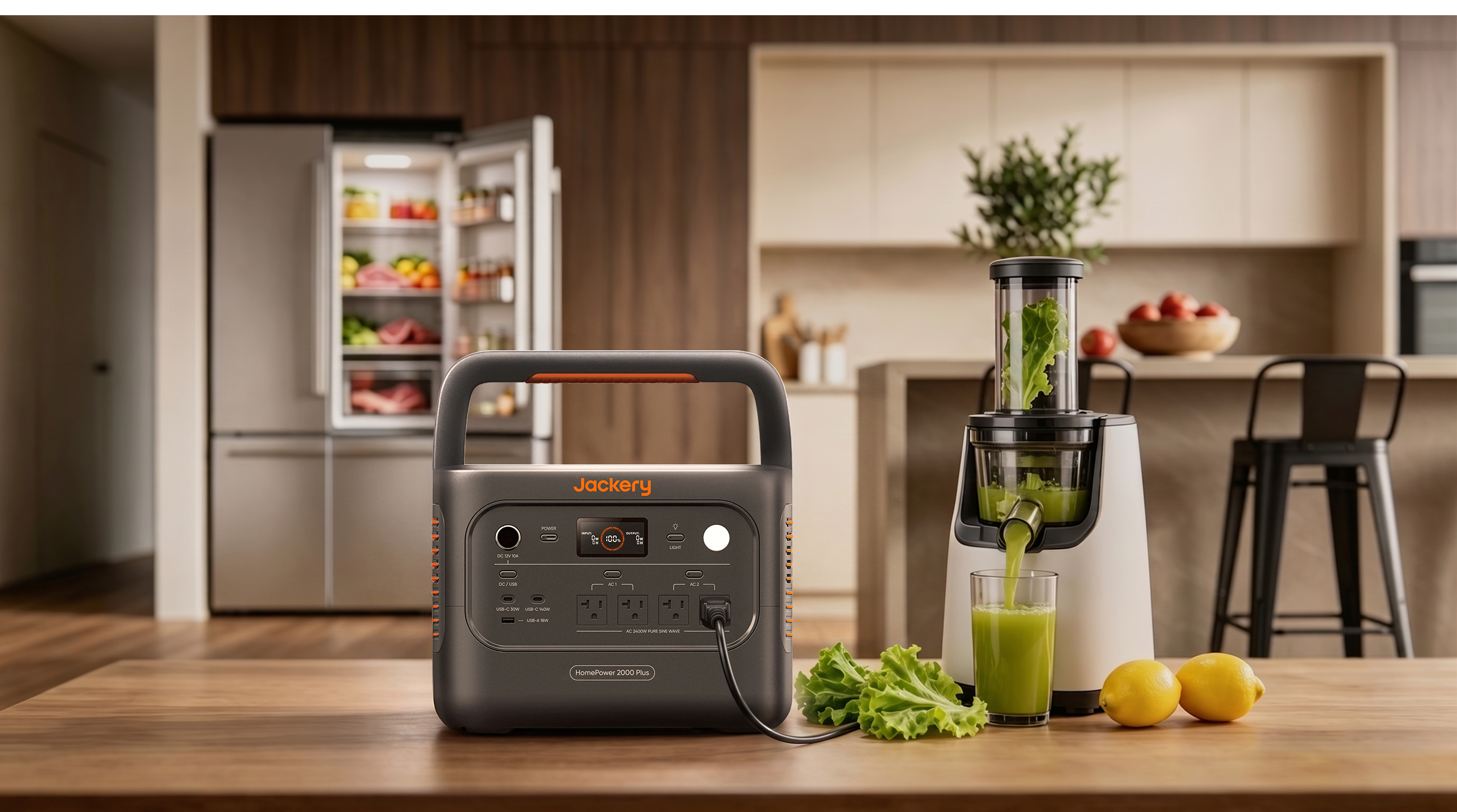 Jackery HomePower 2000 Plus v2 powering juicer in home kitchen during outage