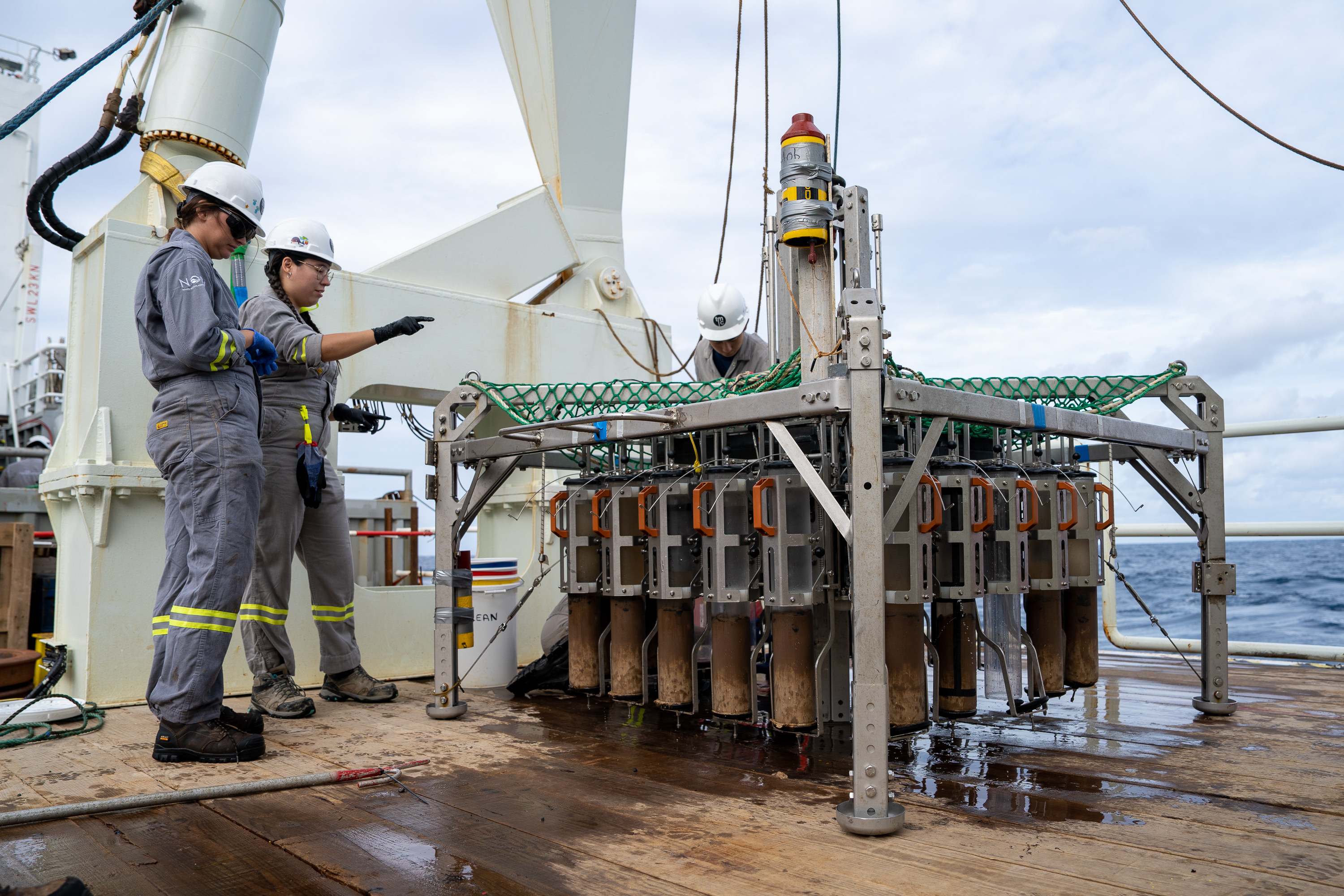 Multi-core samplers provide a clear snapshot of the sediment-seawater interface and were used to collect eDNA from sediment and nodule communities—an approach standard in the deep-sea but rarely applied in terrestrial mining impact assessments.