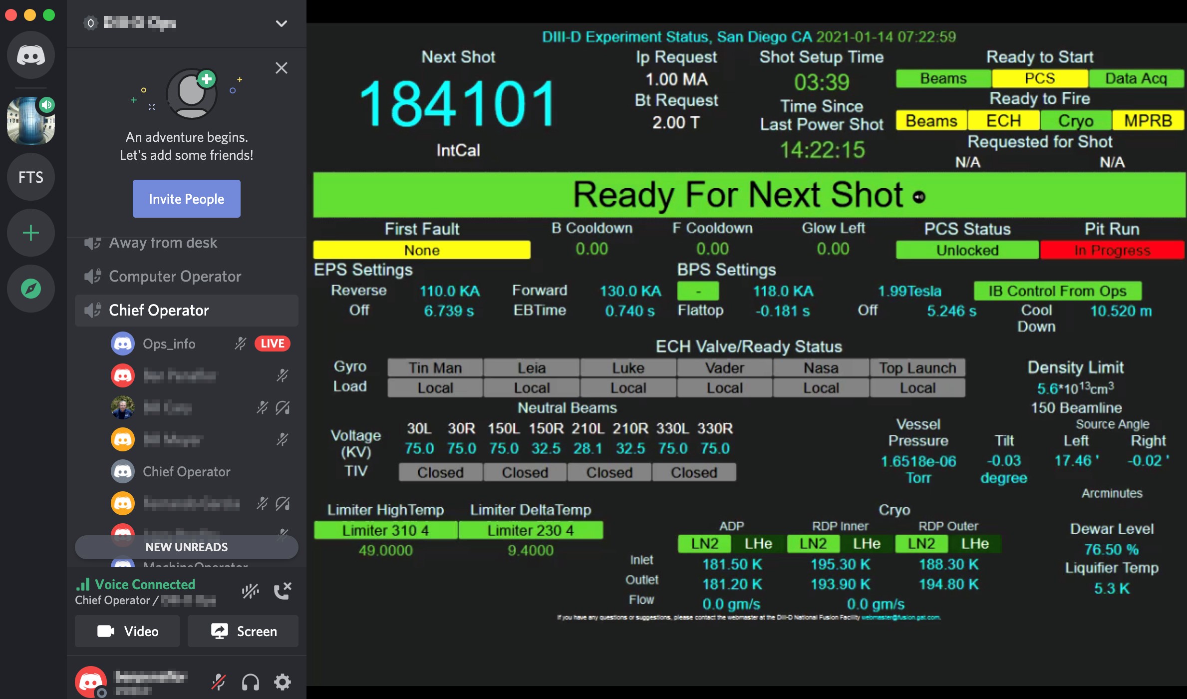 These screenshots of the DIII-D remote collaboration interface show how Discord (first image) and the real-time diagnostic data streams (second image) allow scientists to conduct research on DIII-D no matter where they are located. One of the Discord channels displays a live feed of the main DIII-D display while others allow the operators to chat in pairs or groups during experiments. Courtesy General Atomics.