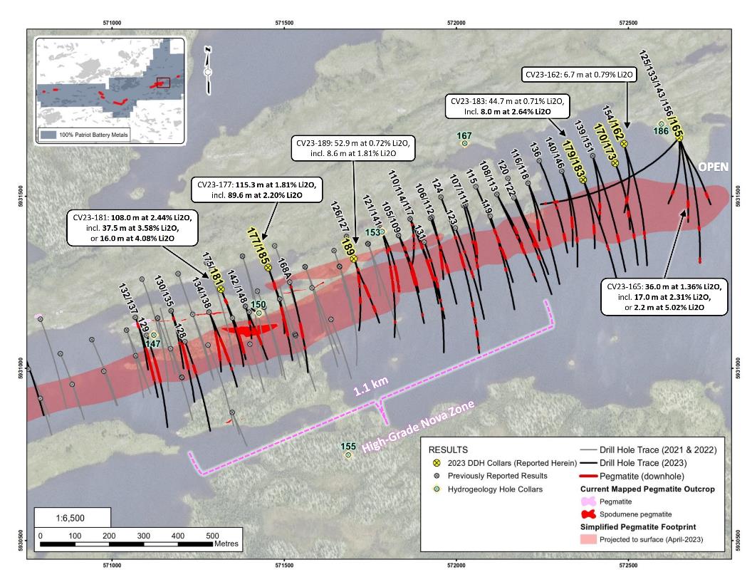 Figure 2: Drill holes completed at the CV5 Pegmatite through the 2023 winter drill program – east-central, and eastern areas.