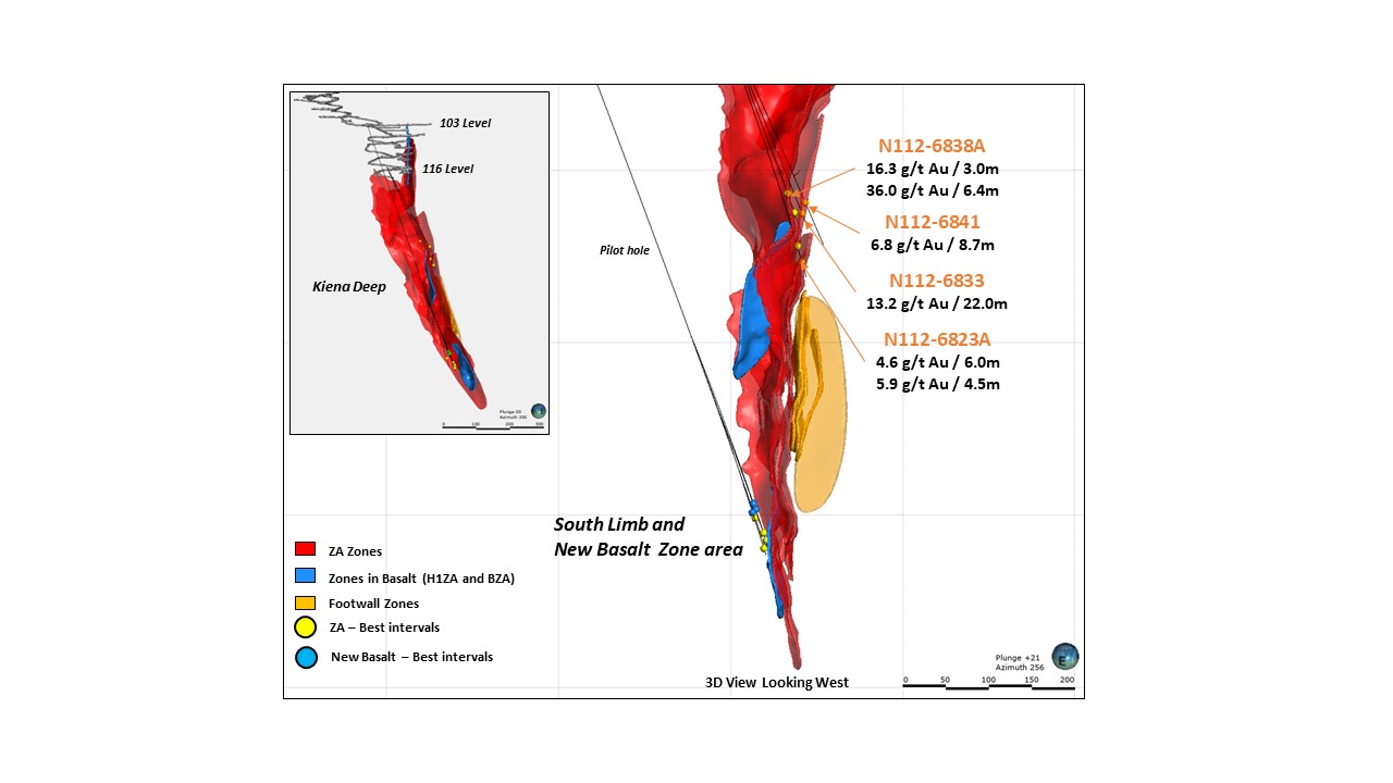 nov16Figure 3 - 3D View of Kiena Deep A Zone showing Assay Results