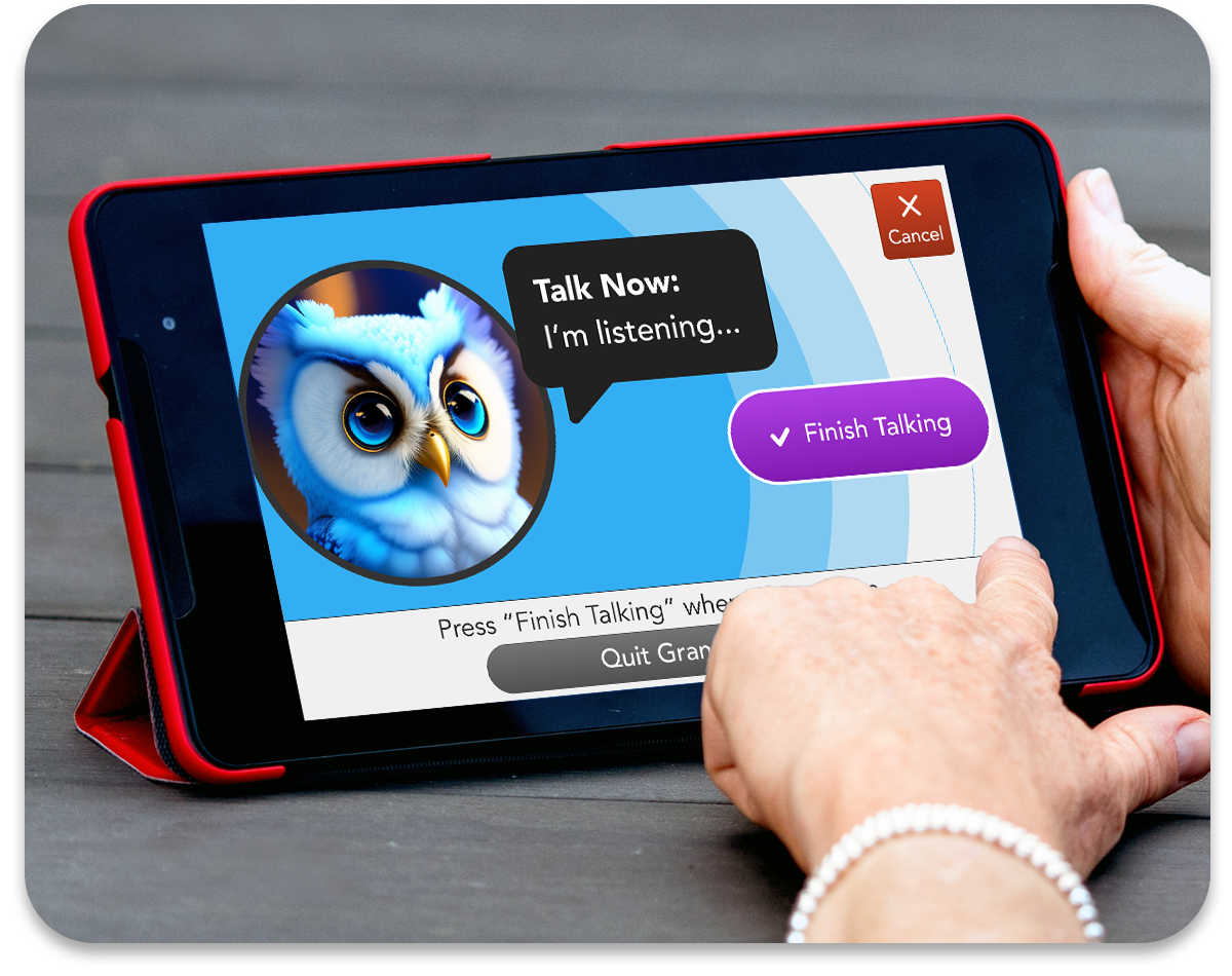 An older adult engages with Grandie, a revolutionary artificial intelligence (AI) enabled virtual companion for seniors, on the GrandPad.