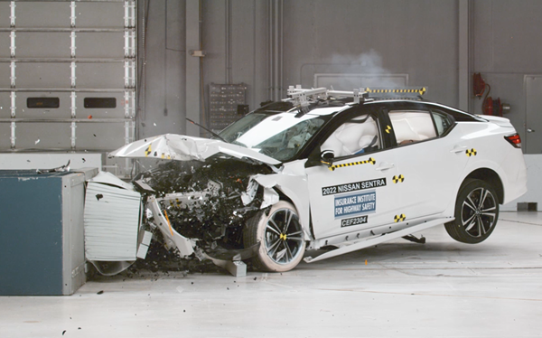 The 2022 Nissan Sentra in the IIHS updated moderate overlap crash test (poor rating applies to 2022-23 Sentras)