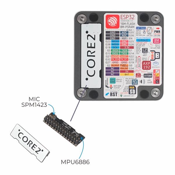 There is a small expansion board on the back of M5Stack CORE2 with a 6-axis IMU sensor and microphone. This small expansion board brings more imaginations like small customization, flexible and quick project possibilities. 

