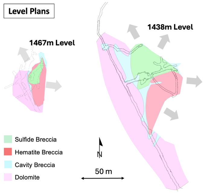 Figure 4 - Providencia target showing widening of the mapped hematite and sulphide breccia from 1,467m to 1,438m Levels - Level Plans