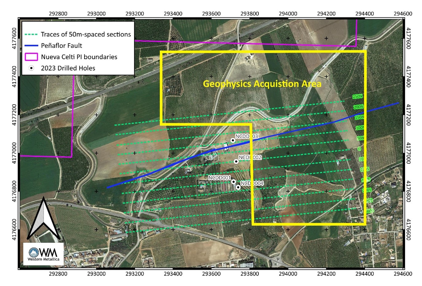 Nueva Celti drilling platform locations and extent of the planned geophysical acquisition program