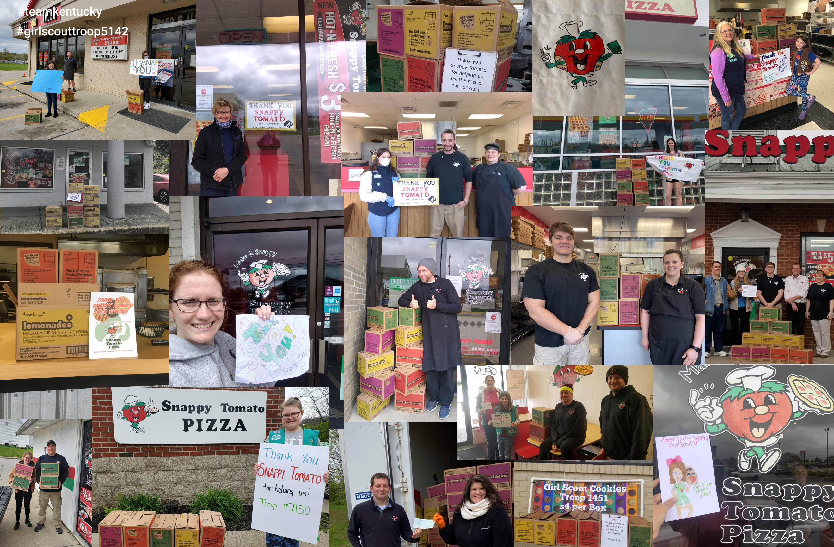 Snappy Tomato Pizza Collage – Images of Girl Scout Cookie Cases Delivered and Celebrated
www.SnappyTomato.com 
#Pizza #SnappyTomato  #SnappyGirlScouts #Family #Dinner #CarryOut #PickUp #Delivery #TakeAway #Franchise #TakeOutTuesday

