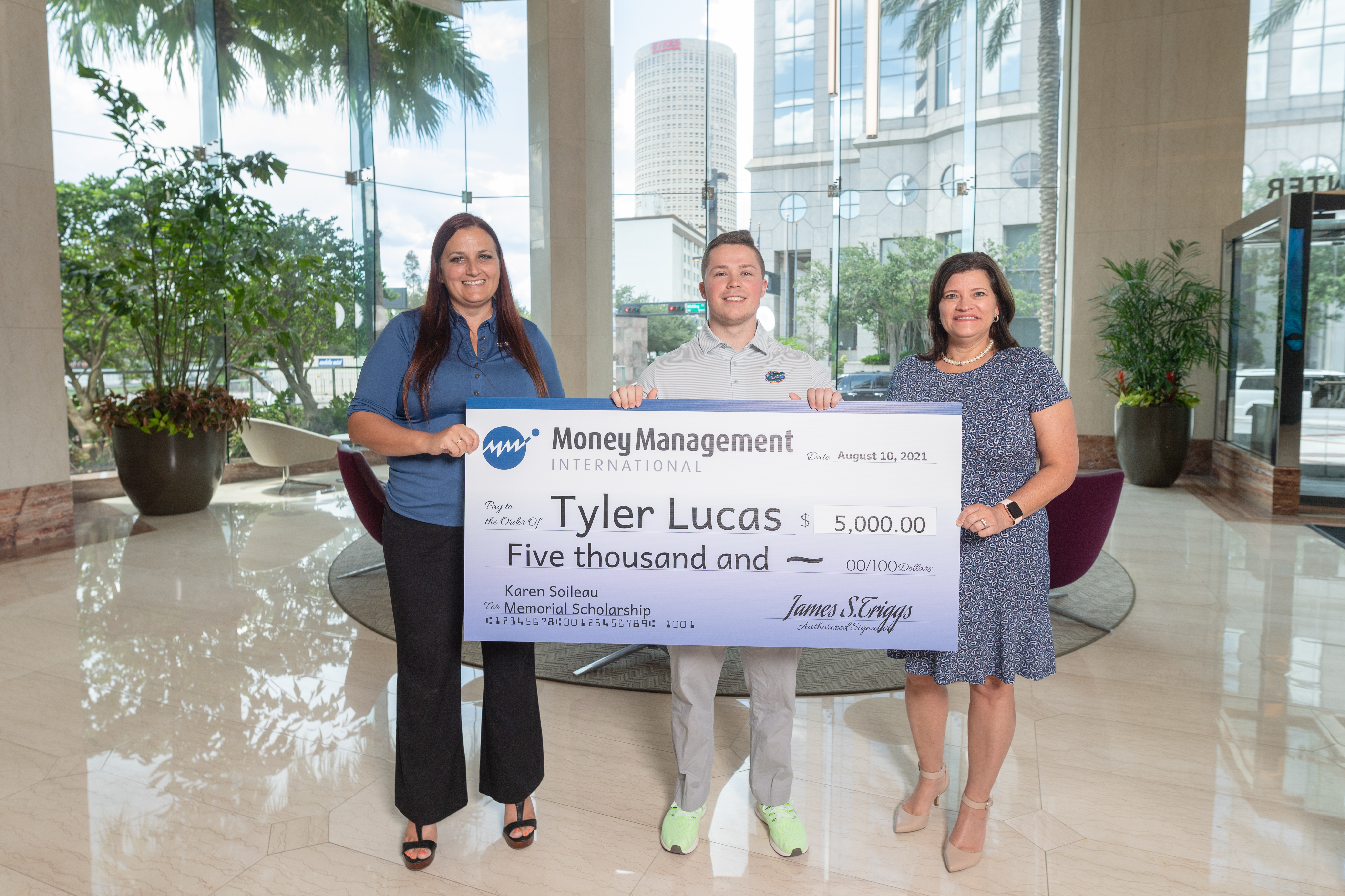 From left to right: MMI Vice President of Counseling and Support Jamie Payne, Karen Soileau Memorial Scholarship recipient Tyler Lucas, MMI Senior Director of Support Services Michelle Chacon