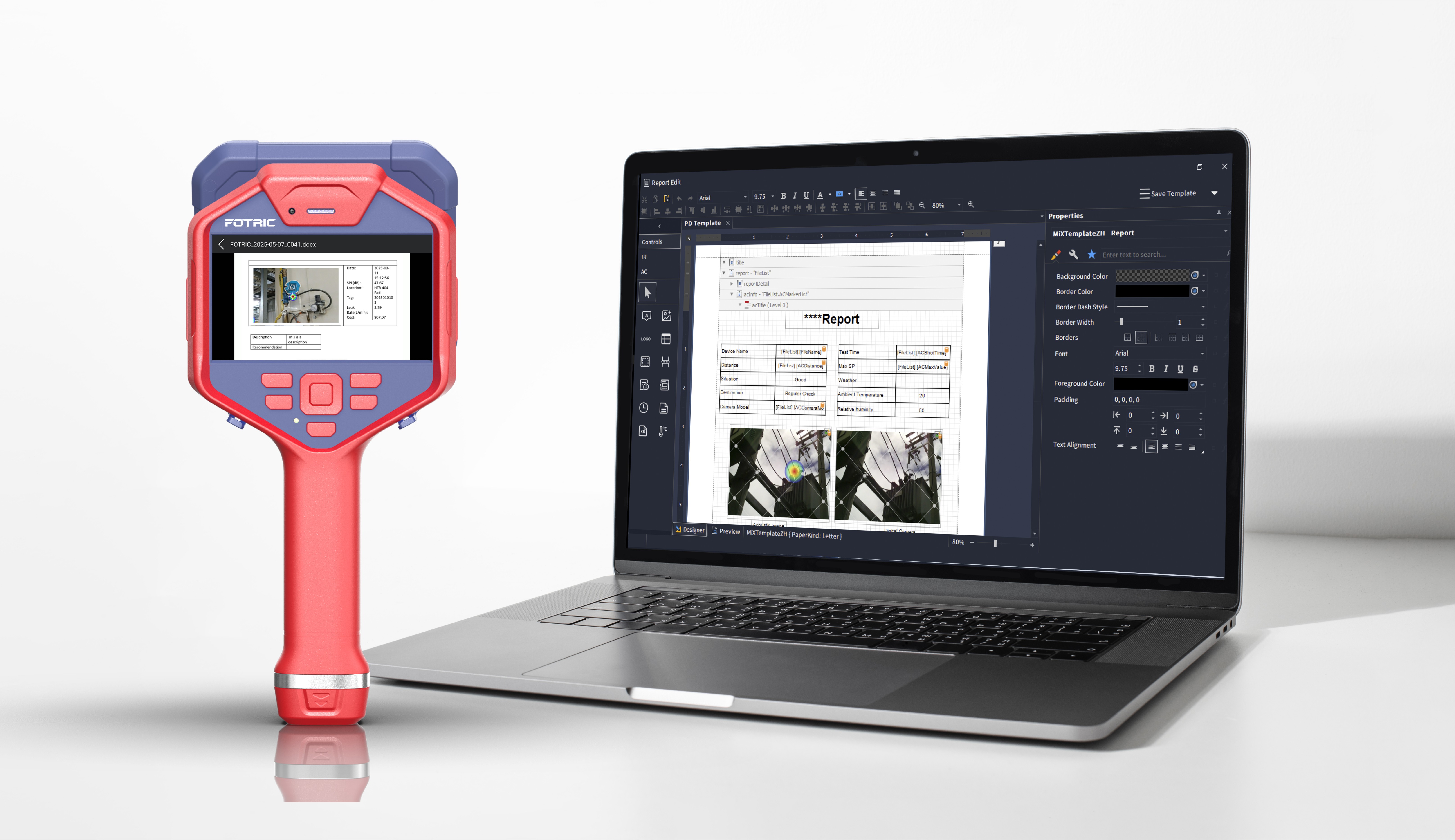 Image showing the FOTRIC H7 Acoustic Camera with NaviPdM Smart Inspection Assistant generating inspection reports directly on the device.