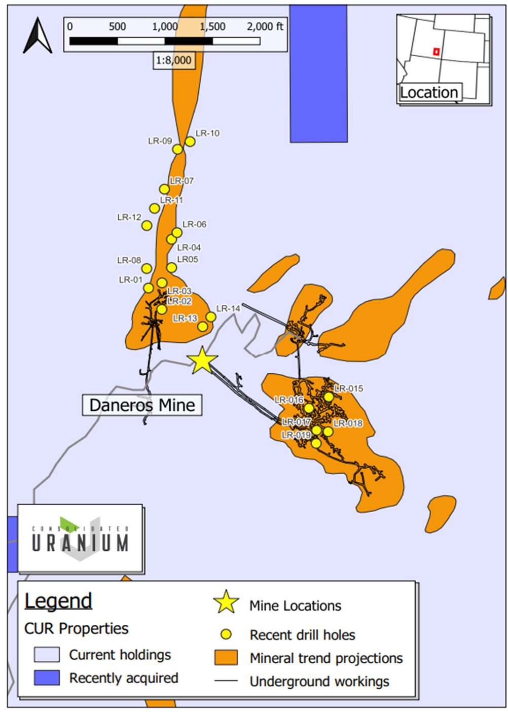 Plan view map of the Daneros Mine with 2023 drill holes