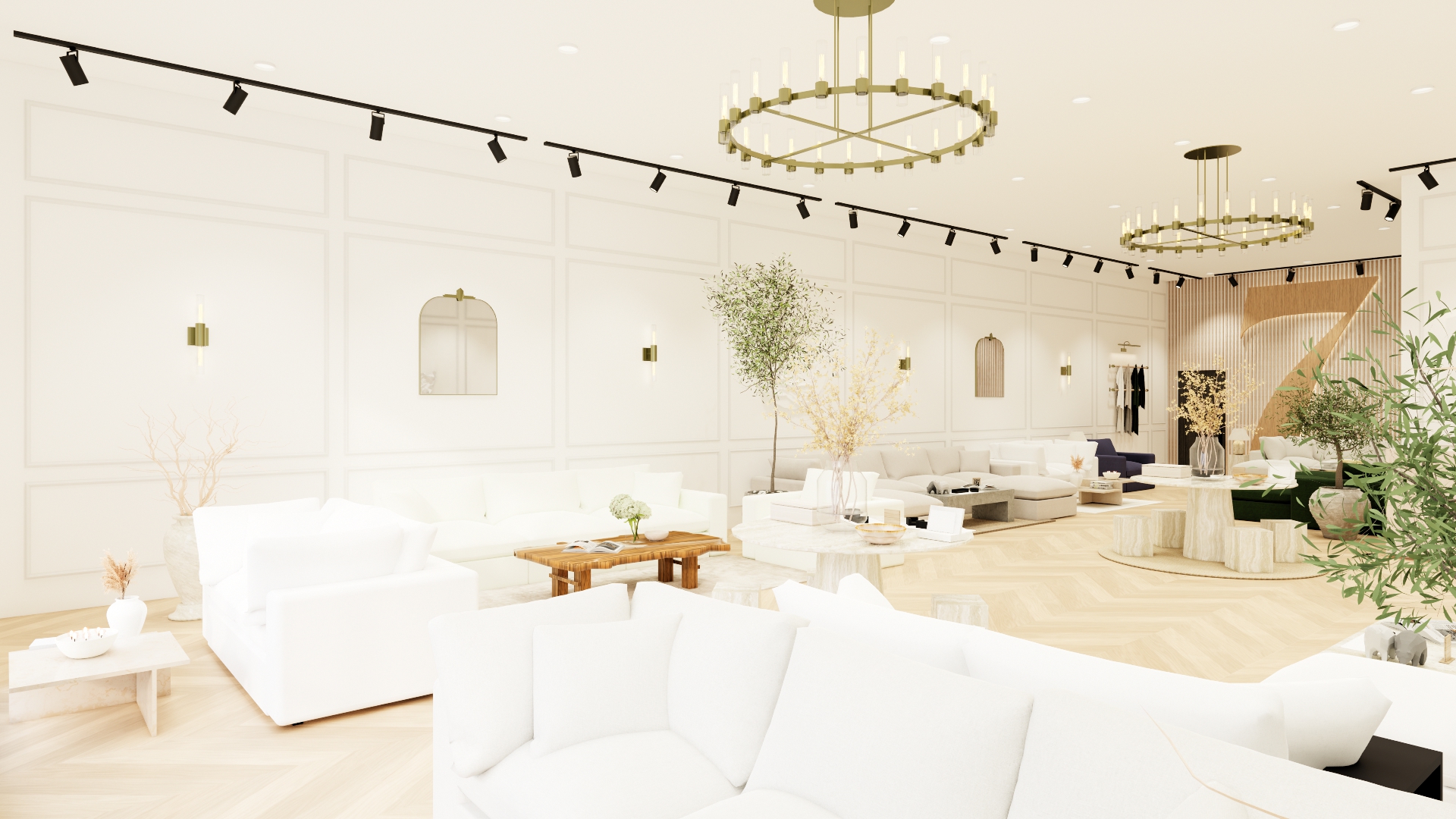 Modular sofas displayed throughout the 7th Avenue showroom at Legacy West in Plano