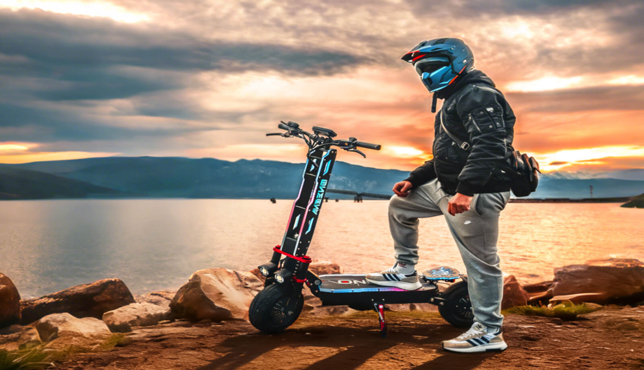 The ONECNA GT9 electric scooter with lights on, next to a helmeted rider by a sunset lakeside.