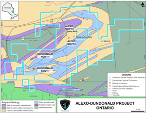 Location of the Alexo-Dundonald Nickel Project in the Timmins Mining Camp, Ontario and the location of the 4 nickel sulphide deposits