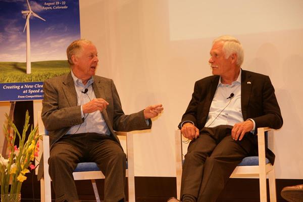 T Boone Pickens ( ) and Ted Turner (r), in conversation at a past American Renewable Energy Summit in Aspen/Snowmass, CO