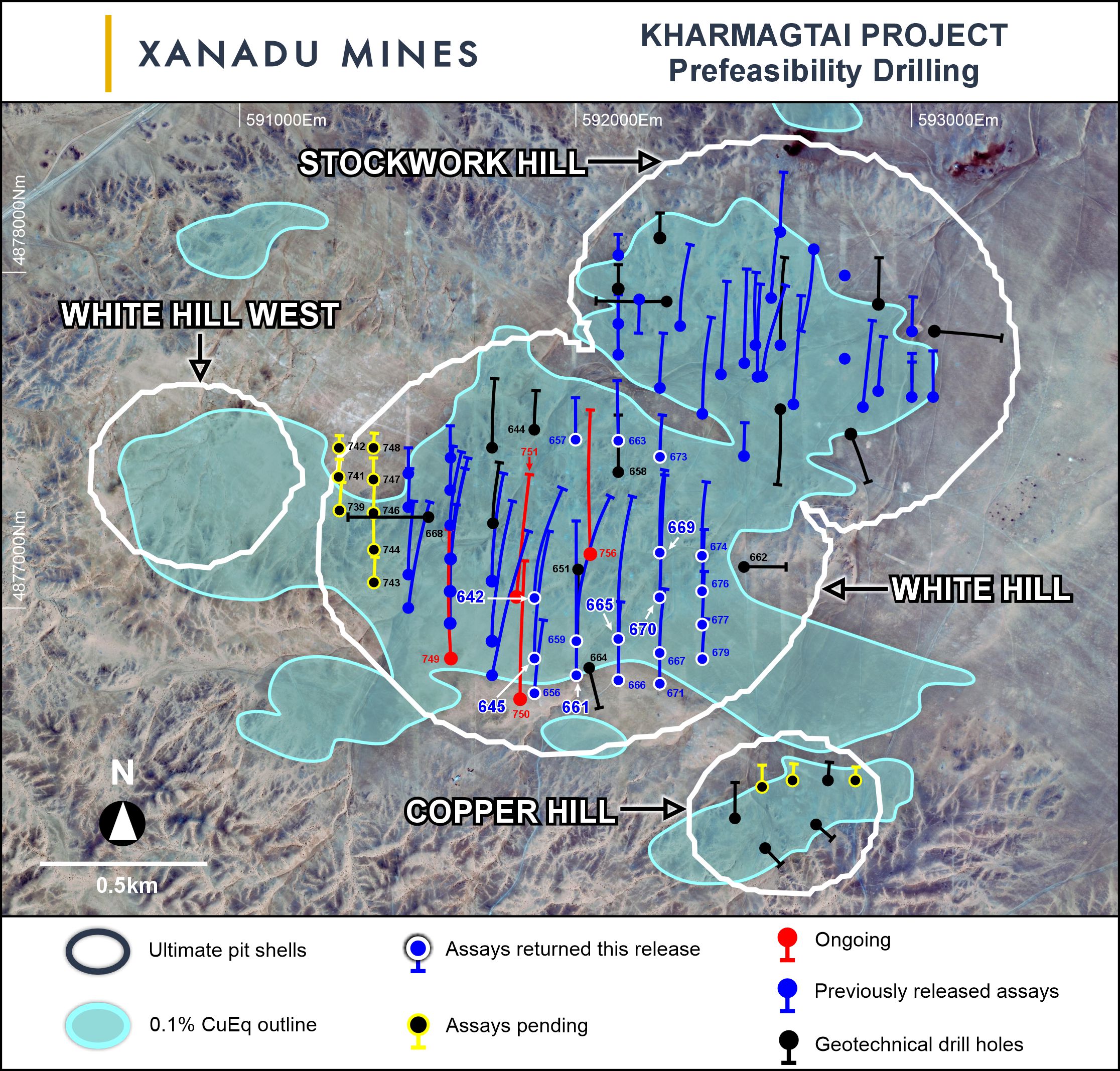 Kharmagtai copper-gold district showing currently defined mineral deposits, and infill drill holes