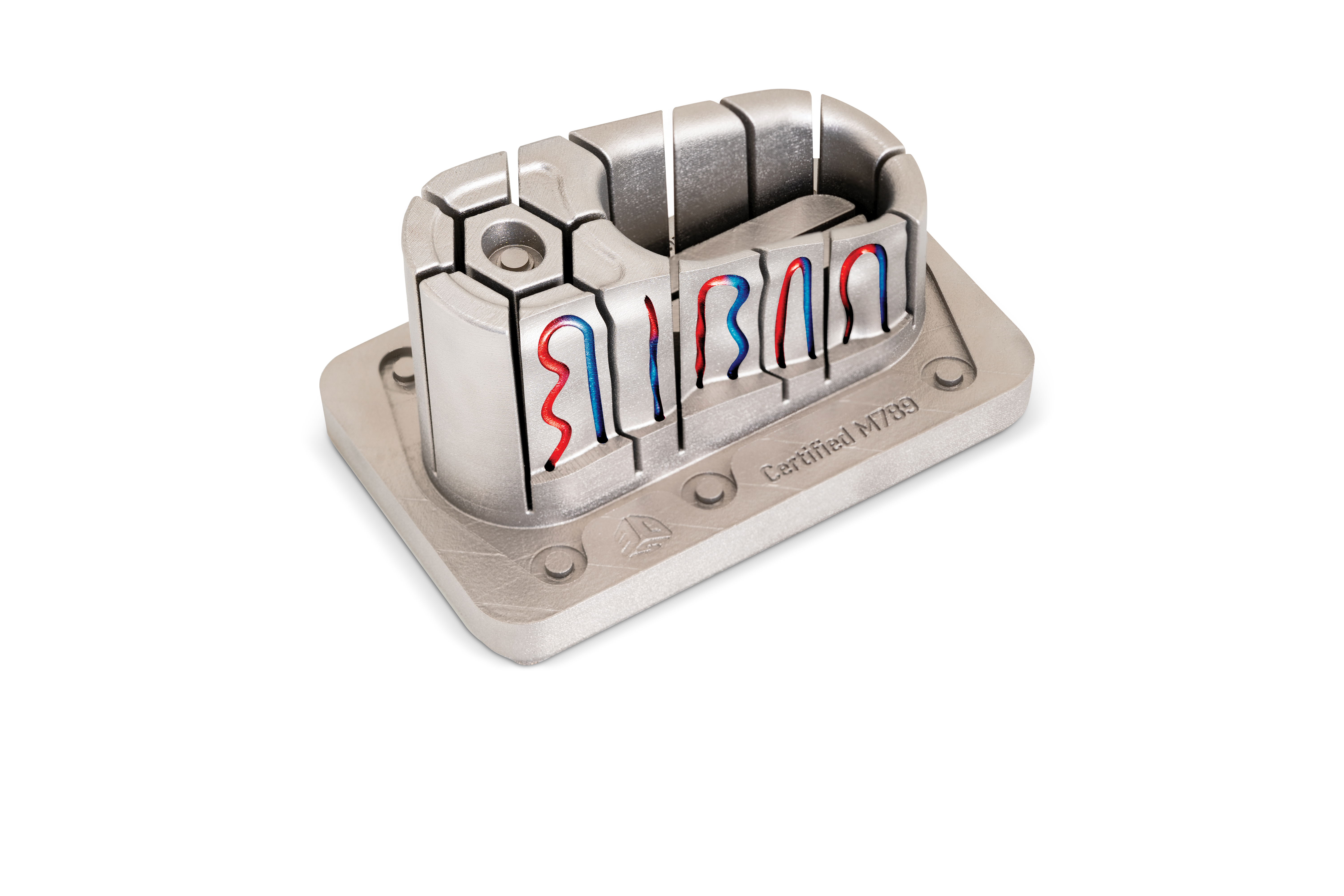 High-strength mold insert for air vents produced with metal additive manufacturing in Certified M789 (A) cobalt free tool steel. Integrated conformal cooling channels manage heat dissipation, achieve uniform cooling, reduce warping and deformation while achieving better overall injection molding economics.