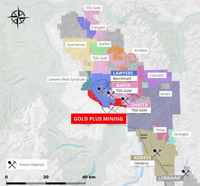 09/23/20 Figure 1: Map of Gold Plus’s properties in relation to Benchmark’s “Lawyers” property and nearby deposits