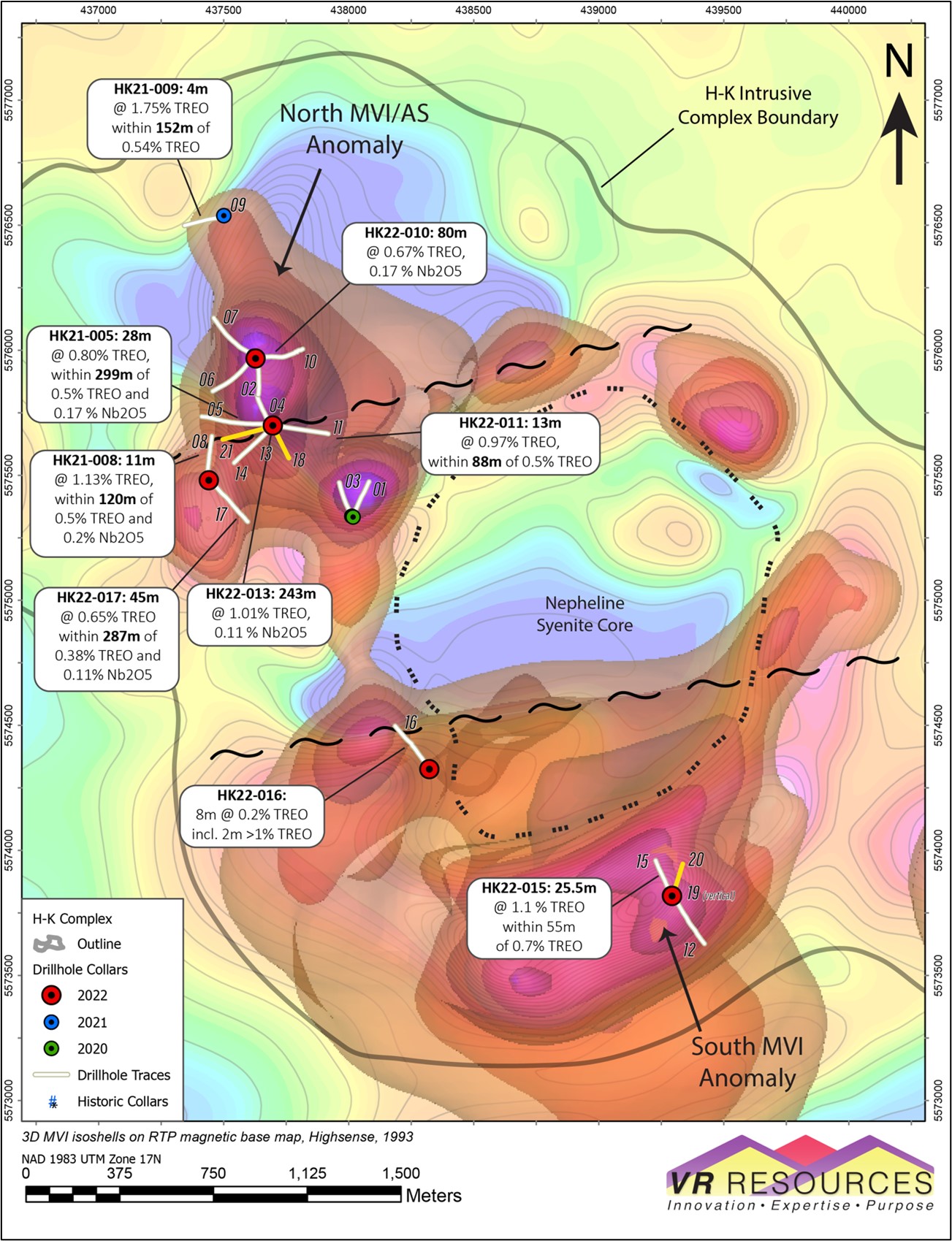 Key critical metal intersections from the first 17 drill holes completed at Hecla-Kilmer, and locations of the five new holes completed in October, 2022, all plotted on a contoured RTP magnetic base map with superimposed 3D isoshells from the MVI inversion.