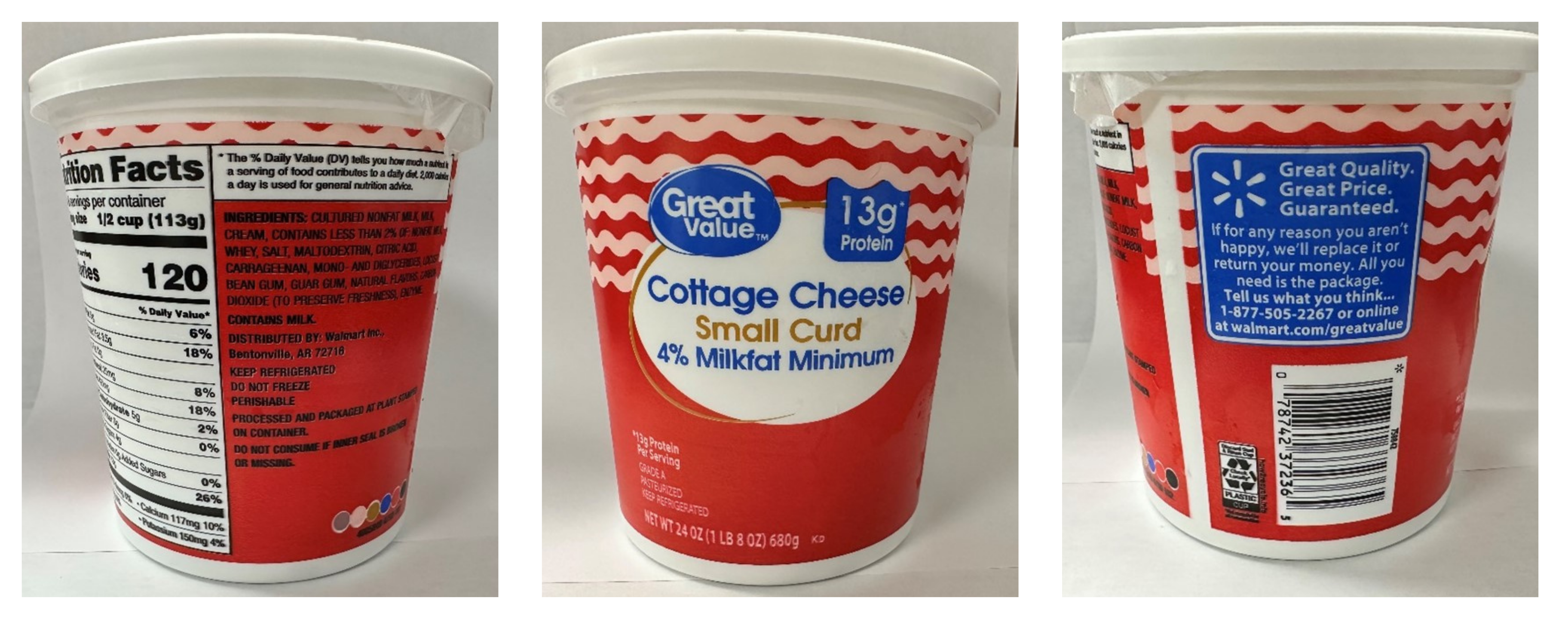 24 oz. container Great Value Small Curd Cottage Cheese – 4% milkfat minimum