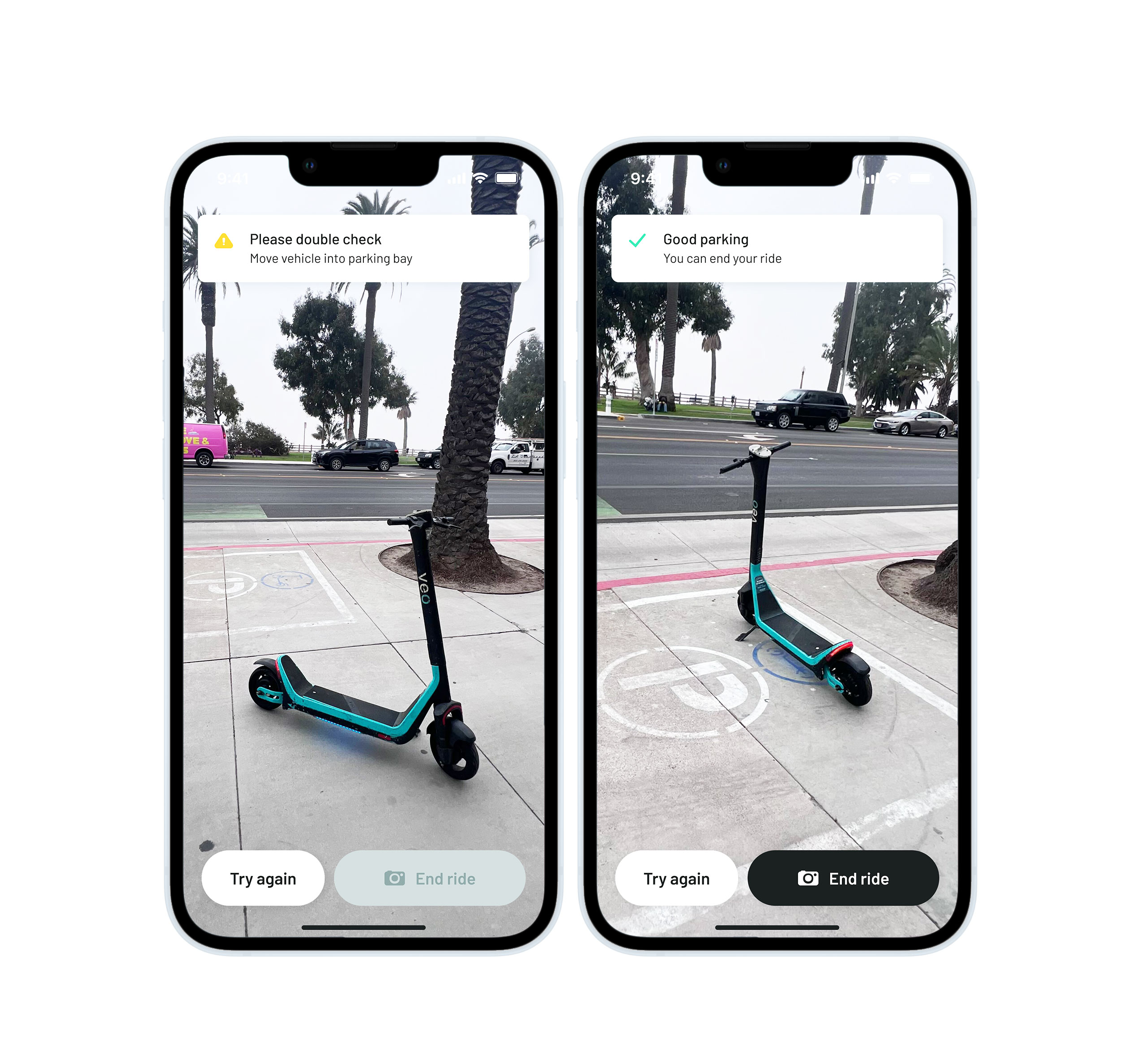 The Veo app, supported by Captur's AI technology, prompts riders to double-check their vehicle's placement, ensuring compliance before ending the ride. Properly parked vehicles are confirmed with a 
