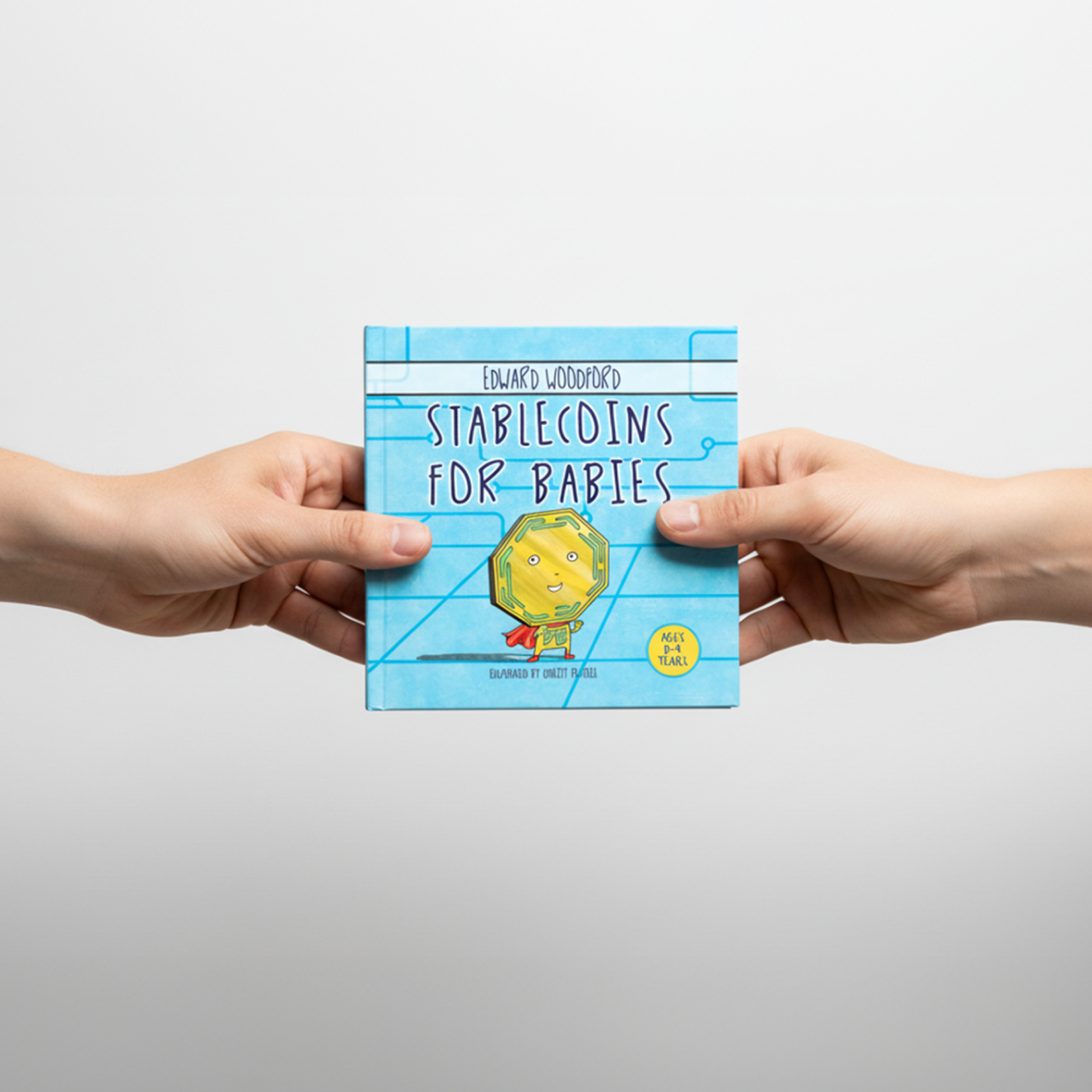 Illustrated book cover of "Stablecoins for Babies," a children's guide to understanding stablecoins, digital payments, and beginner financial literacy