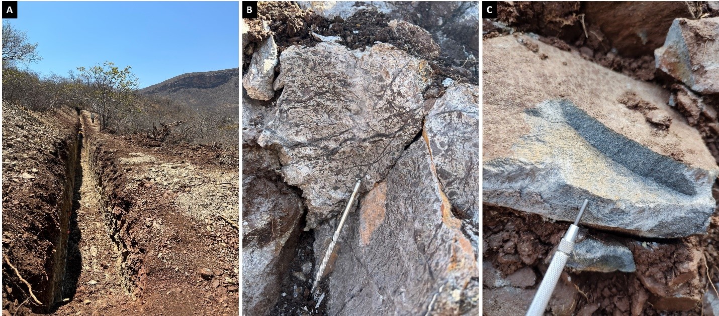 Figure 4: (A) São Francisco trench TR22SF01, (B) chromite-rich mineralized dunite on trench TR22SF04, and (C) high PGE grade in situ chromitite interval in trench TR22SF01. 